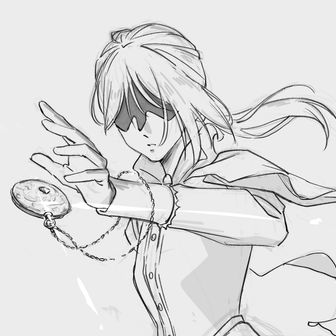 鏡を持つキャラクターのモノクロイラスト